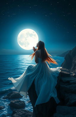 A serene night scene depicting a beautiful woman sitting on a cliff overlooking a tranquil ocean under a starry sky, whispering softly to the luminous full moon