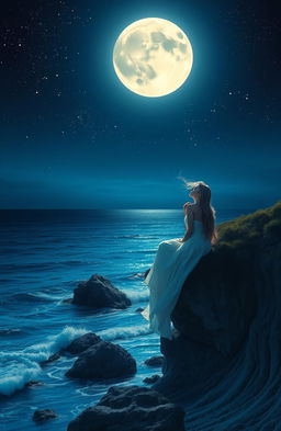 A serene night scene depicting a beautiful woman sitting on a cliff overlooking a tranquil ocean under a starry sky, whispering softly to the luminous full moon