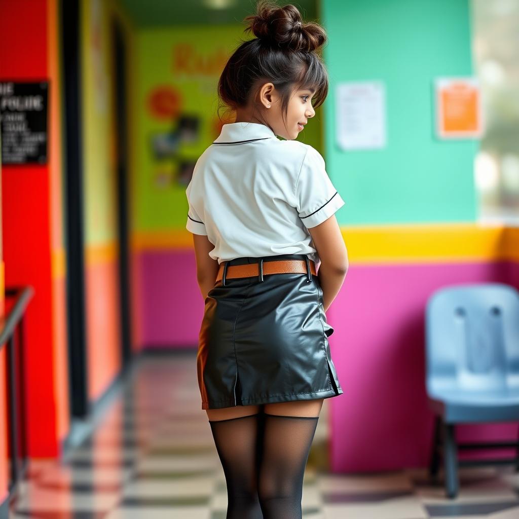 A cute Indian teenage girl in a fashionable school uniform, featuring a tight latex mini skirt with a stylish leather belt and a satin t-shirt