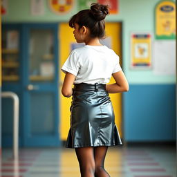 A cute Indian teenage girl in a fashionable school uniform, featuring a tight latex mini skirt with a stylish leather belt and a satin t-shirt