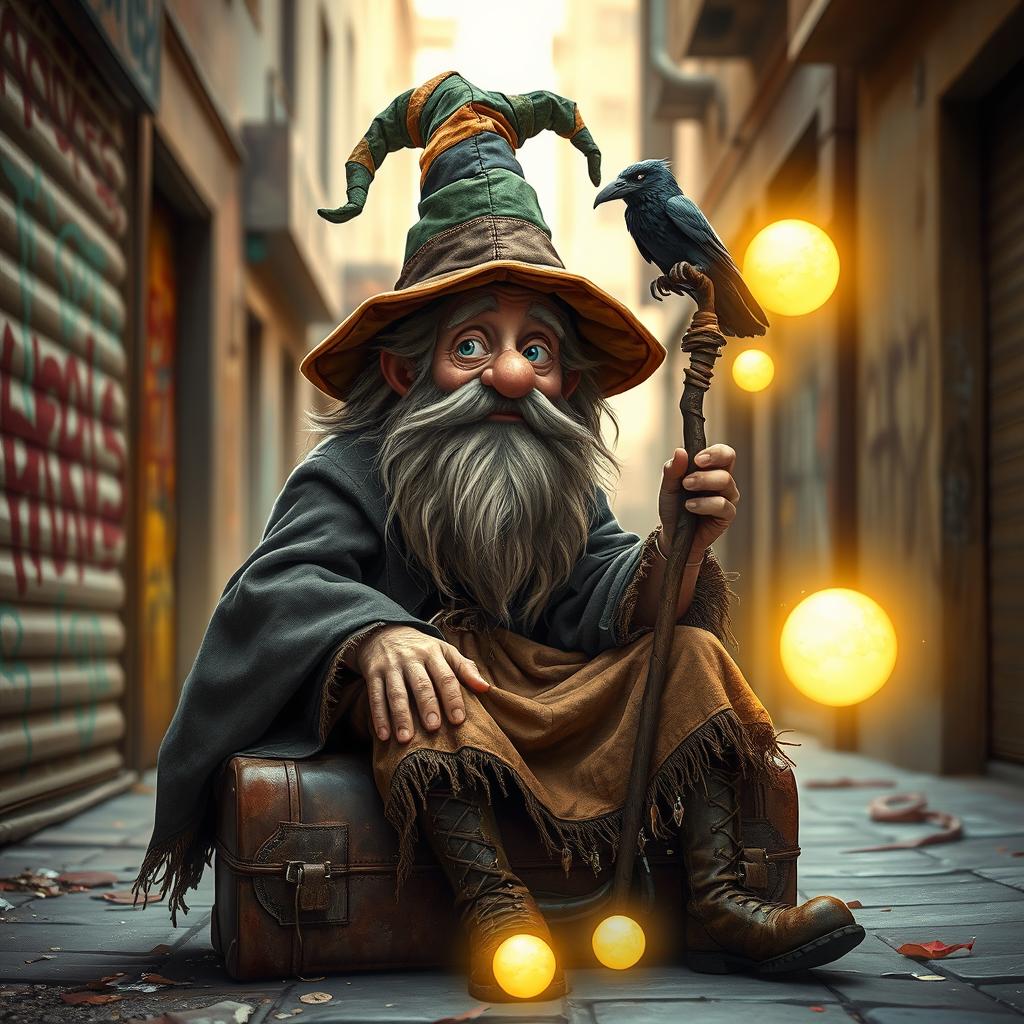 A whimsical hobo wizard, wearing a tattered robe and a pointed hat patched with colorful fabrics, with a long, scraggly beard and twinkling eyes