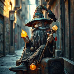 A whimsical hobo wizard, wearing a tattered robe and a pointed hat patched with colorful fabrics, with a long, scraggly beard and twinkling eyes