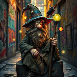 A whimsical hobo wizard, wearing a tattered robe and a pointed hat patched with colorful fabrics, with a long, scraggly beard and twinkling eyes