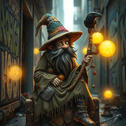 A whimsical hobo wizard, wearing a tattered robe and a pointed hat patched with colorful fabrics, with a long, scraggly beard and twinkling eyes