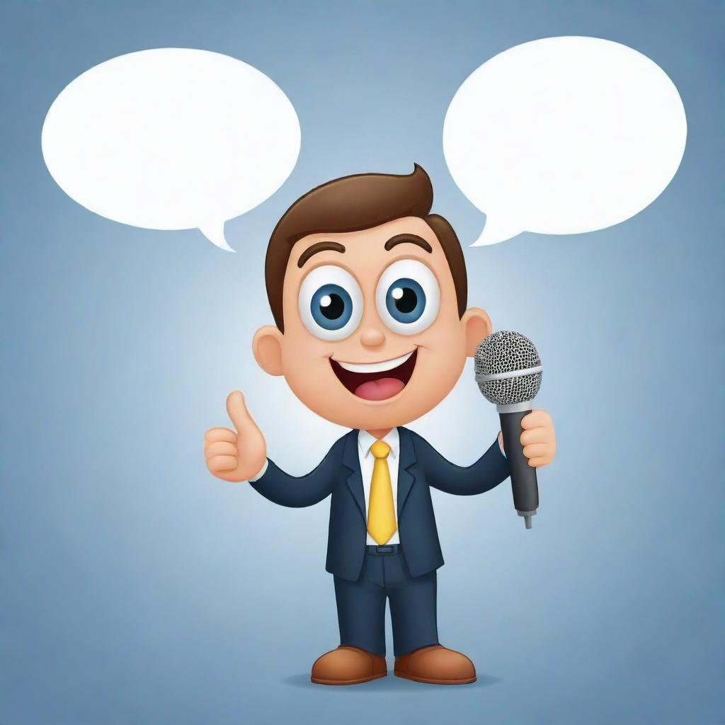 Create a friendly cartoon character mascot for a speech educational tool. It should be holding a microphone and have a speech bubble to symbolize communication.