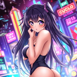 A captivating scene featuring a sexy anime character with long flowing hair, wearing a stylish and revealing outfit that accentuates her curves