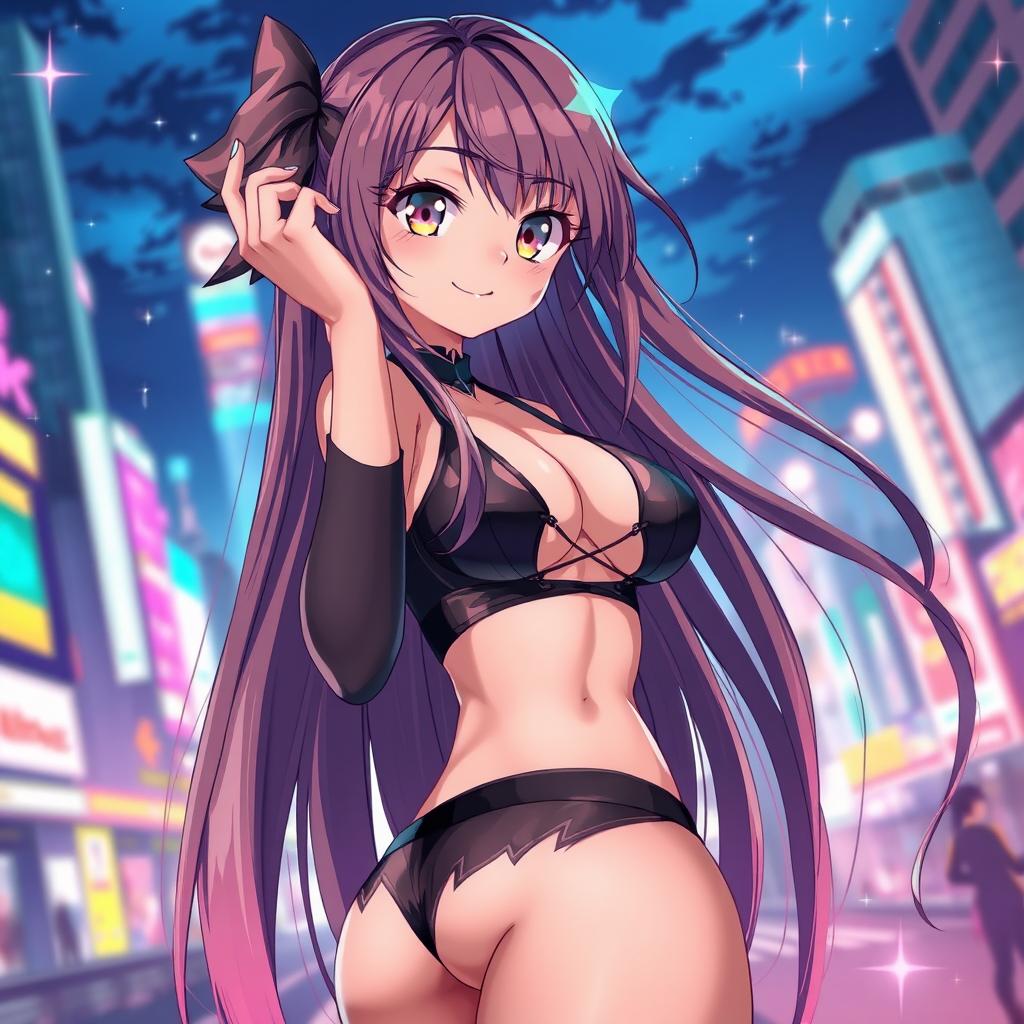 A captivating scene featuring a sexy anime character with long flowing hair, wearing a stylish and revealing outfit that accentuates her curves