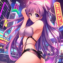 A captivating scene featuring a sexy anime character with long flowing hair, wearing a stylish and revealing outfit that accentuates her curves