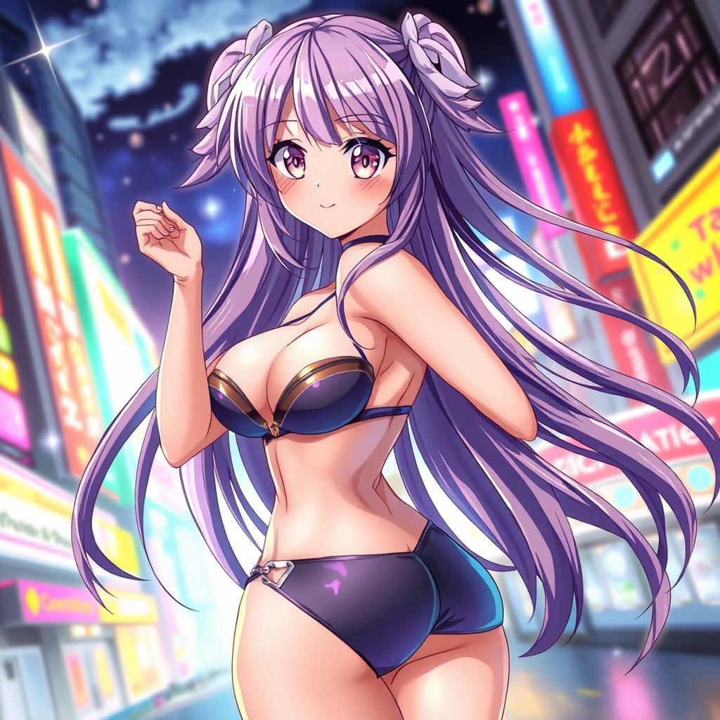 A captivating scene featuring a sexy anime character with long flowing hair, wearing a stylish and revealing outfit that accentuates her curves