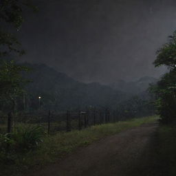 Add an alarming touch to the image by creating a dramatic blackout across Jurassic Park, the once electrified fences ominously dark, instilling a palpable tension amidst the prehistoric residents and the lush landscape.