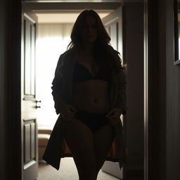 A silhouette style photograph of a 40-year-old curvy, busty woman wearing a black lace bra and panties beneath an open trench coat