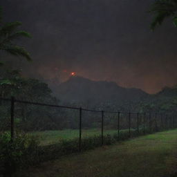 Add an alarming touch to the image by creating a dramatic blackout across Jurassic Park, the once electrified fences ominously dark, instilling a palpable tension amidst the prehistoric residents and the lush landscape.