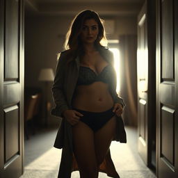 A silhouette style photograph of a 40-year-old curvy, busty woman wearing a black lace bra and panties beneath an open trench coat