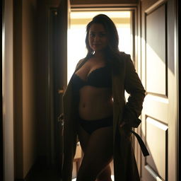 A silhouette style photograph of a 40-year-old curvy, busty woman wearing a black lace bra and panties beneath an open trench coat