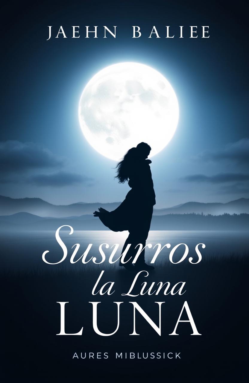 A striking and serious book cover for a romantic novel titled 'Susurros a la Luna'