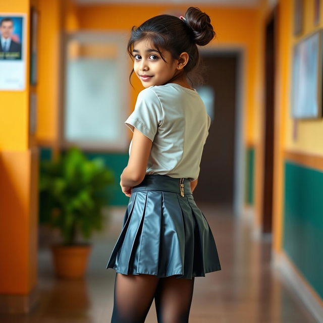 A cute Indian teenage girl in a fashionable school uniform featuring a tight vinyl pleated mini skirt with a studded side zipper and buckle, paired with a satin t-shirt