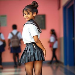 A cute Indian teenage girl in a fashionable school uniform featuring a tight vinyl pleated mini skirt with a studded side zipper and buckle, paired with a satin t-shirt