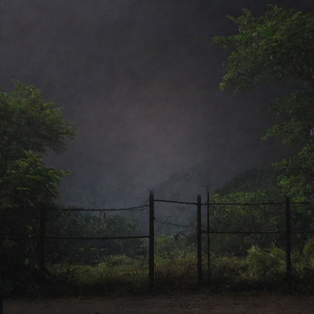 Add an alarming touch to the image by creating a dramatic blackout across Jurassic Park, the once electrified fences ominously dark, instilling a palpable tension amidst the prehistoric residents and the lush landscape.