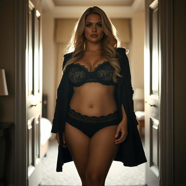 A silhouette-style photograph of a 40-year-old curvy, busty woman wearing a black lace bra and panties, paired with an open trench coat