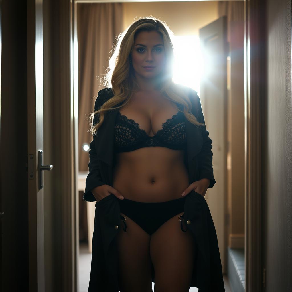 A silhouette-style photograph of a 40-year-old curvy, busty woman wearing a black lace bra and panties, with an open trench coat