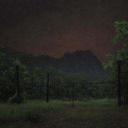 Add an alarming touch to the image by creating a dramatic blackout across Jurassic Park, the once electrified fences ominously dark, instilling a palpable tension amidst the prehistoric residents and the lush landscape.