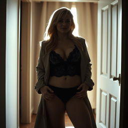 A silhouette-style photograph of a 40-year-old curvy, busty woman wearing a black lace bra and panties, with an open trench coat