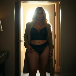 A silhouette-style photograph of a 40-year-old curvy, busty woman wearing a black lace bra and panties, with an open trench coat