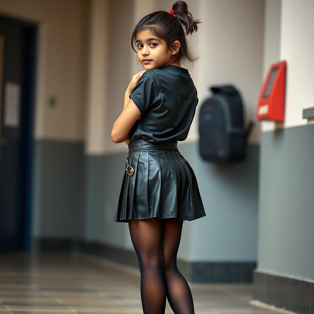 A cute Indian teenage girl in a trendy school uniform, featuring a tight vinyl pleated mini skirt with a studded side zipper and buckle, complemented by a satin t-shirt