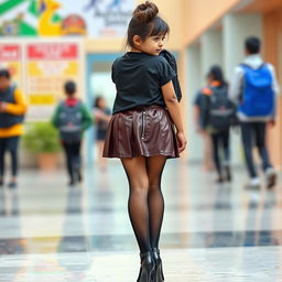 A cute Indian teenage girl in a trendy school uniform, featuring a tight vinyl pleated mini skirt with a studded side zipper and buckle, complemented by a satin t-shirt