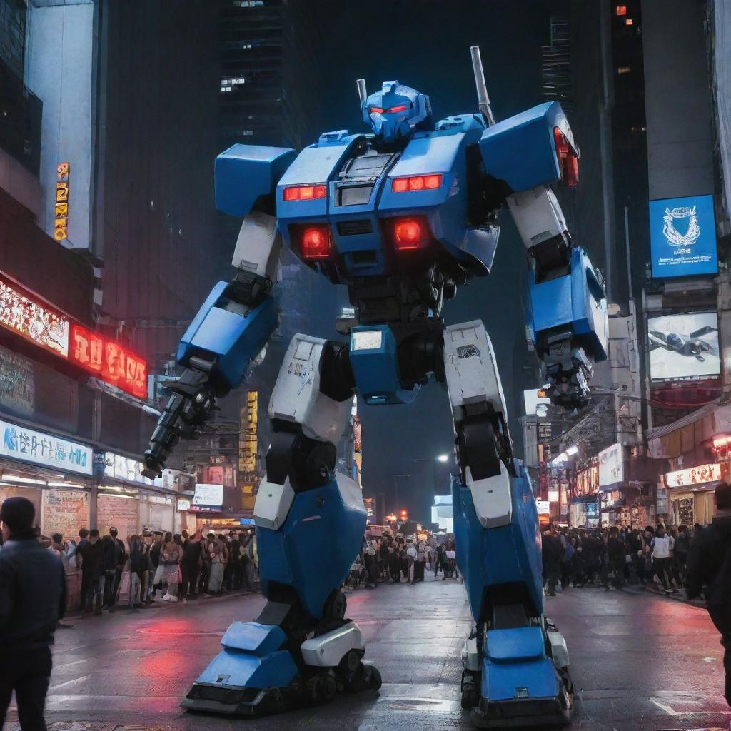 An authority-projecting police mecha, incorporating elements such as blue-and-red sirens, police badges, and crowd control equipment, patrolling a bustling city night.