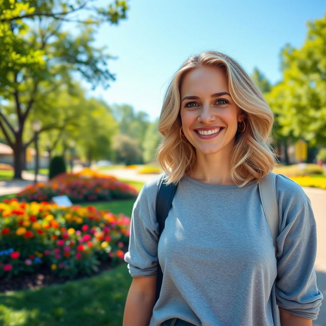 A beautiful 35-year-old blonde woman with a non-model appearance, enjoying a lovely day in a vibrant park