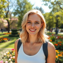 A beautiful 35-year-old blonde woman with a non-model appearance, enjoying a lovely day in a vibrant park