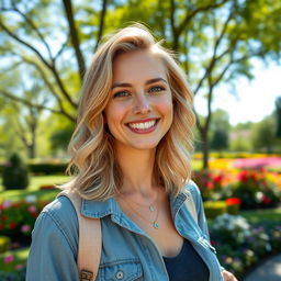 A beautiful 35-year-old blonde woman with a non-model appearance, enjoying a lovely day in a vibrant park