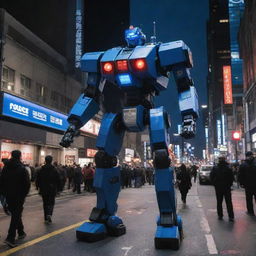 An authority-projecting police mecha, incorporating elements such as blue-and-red sirens, police badges, and crowd control equipment, patrolling a bustling city night.