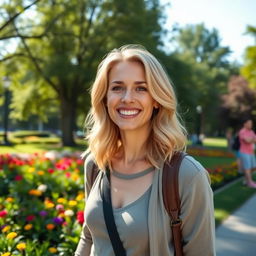 A beautiful 35-year-old blonde woman with a non-model appearance, enjoying a lovely day in a vibrant park