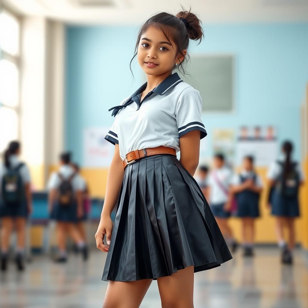 A stylish Indian girl in a school uniform featuring a tight vinyl pleated mini skirt and a satin t-shirt