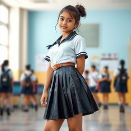 A stylish Indian girl in a school uniform featuring a tight vinyl pleated mini skirt and a satin t-shirt