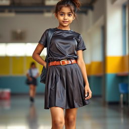 A stylish Indian girl in a school uniform featuring a tight vinyl pleated mini skirt and a satin t-shirt