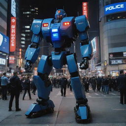 An authority-projecting police mecha, incorporating elements such as blue-and-red sirens, police badges, and crowd control equipment, patrolling a bustling city night.