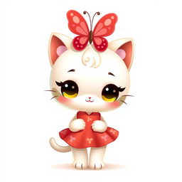 A cute cartoon character resembling a cat, featuring a large red butterfly on its head and wearing a red dress with playful patterns