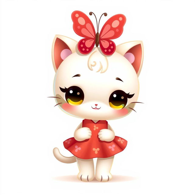 A cute cartoon character resembling a cat, featuring a large red butterfly on its head and wearing a red dress with playful patterns