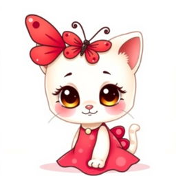 A cute cartoon character resembling a cat, featuring a large red butterfly on its head and wearing a red dress with playful patterns