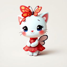 A cute cartoon character resembling a cat, featuring a large red butterfly on its head and wearing a red dress with playful patterns