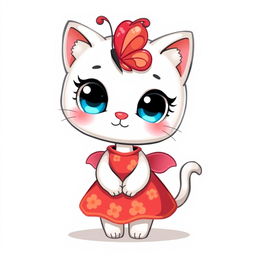 A cute cartoon character resembling a cat, featuring a large red butterfly on its head and wearing a red dress with playful patterns