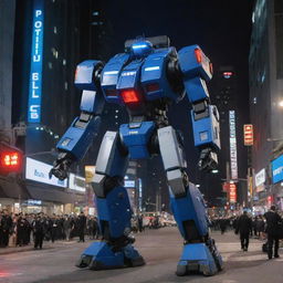 An authority-projecting police mecha, incorporating elements such as blue-and-red sirens, police badges, and crowd control equipment, patrolling a bustling city night.