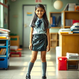 A 14-year-old Indian school girl wearing a fashionable outfit that includes a shiny latex mini skirt that is stylish yet appropriate, showcasing youthful elegance