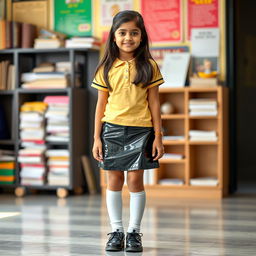 A 14-year-old Indian school girl wearing a fashionable outfit that includes a shiny latex mini skirt that is stylish yet appropriate, showcasing youthful elegance