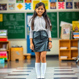 A 14-year-old Indian school girl wearing a fashionable outfit that includes a shiny latex mini skirt that is stylish yet appropriate, showcasing youthful elegance