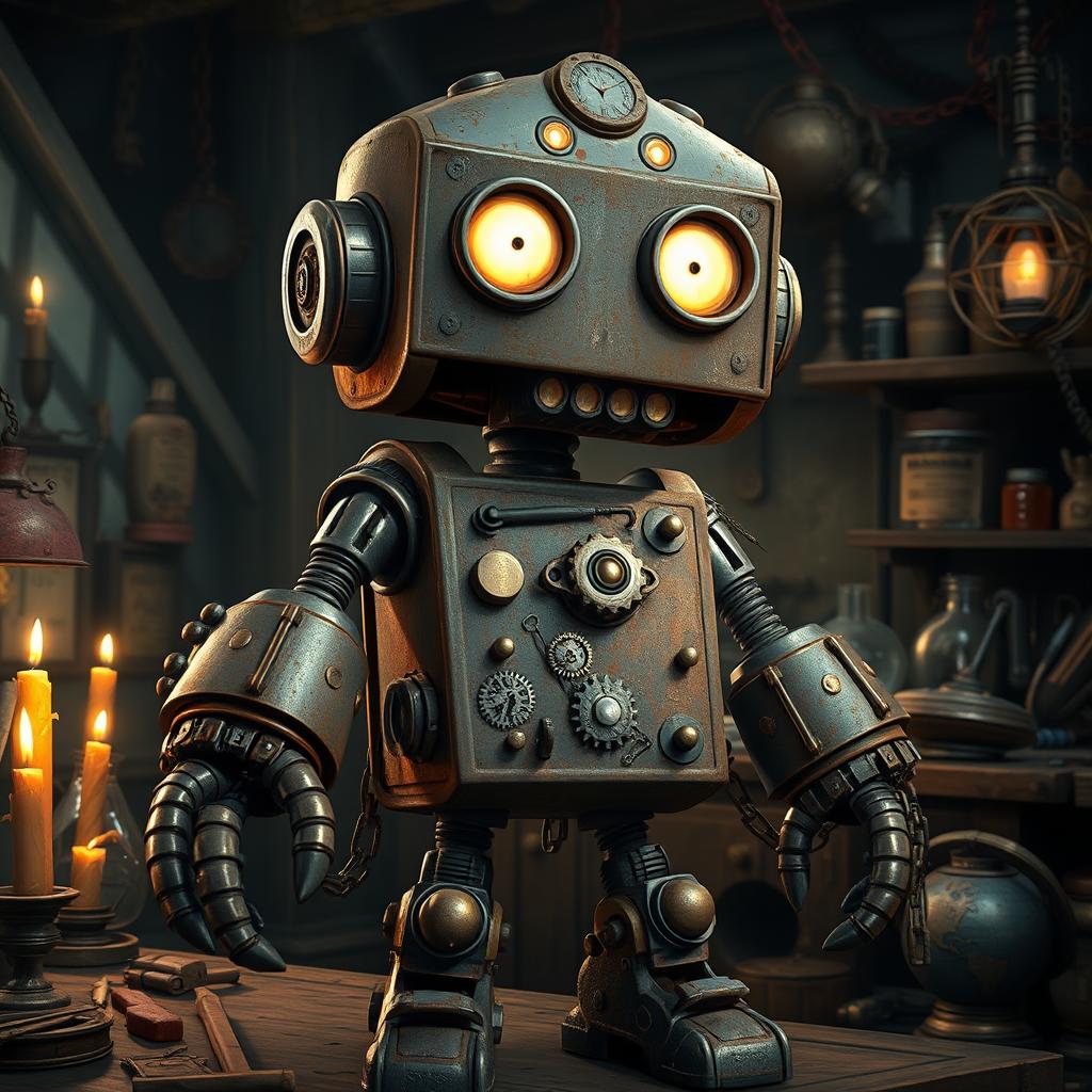 A whimsical yet sinister steel defender robot, blending elements of humor and darkness, stands in a dimly lit fantasy workshop