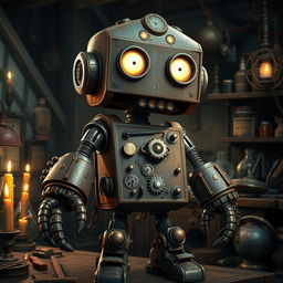 A whimsical yet sinister steel defender robot, blending elements of humor and darkness, stands in a dimly lit fantasy workshop